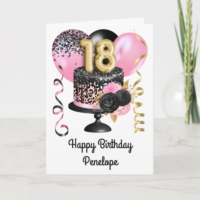 Pink and Black Gold 18th Birthday Card (Front)