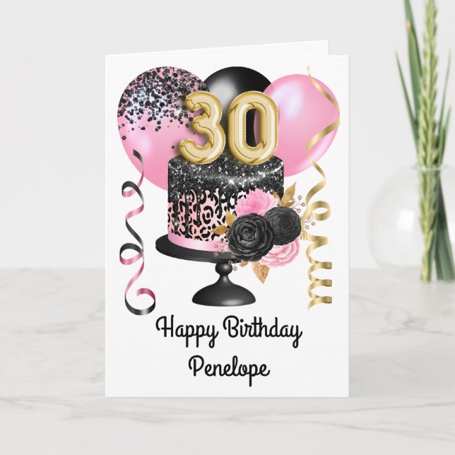 Pink and Black Gold 30th Birthday Card (Front)