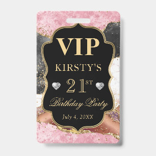 Pink and Black Gold Glitter Agate Birthday VIP ID Badge