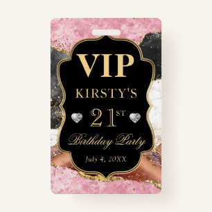 Pink and Black Gold Glitter Agate Birthday VIP ID Badge