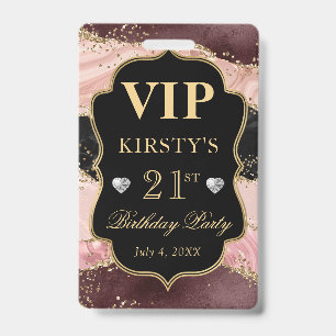 Pink and Black Gold Glitter Agate Birthday VIP ID Badge