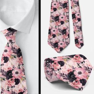 Pink and Black Goth Flowers Floral Tie