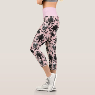 Pink and Black Goth Skulls and Roses Capri Leggings