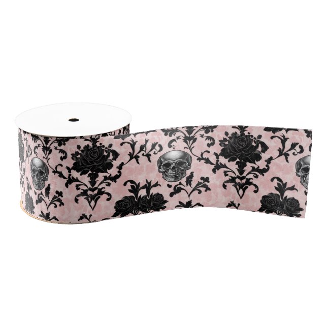 Pink and Black Goth Skulls and Roses Grosgrain Ribbon (Spool)