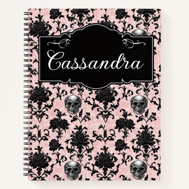 Pink and Black Goth Skulls and Roses Personalised Notebook (Front)
