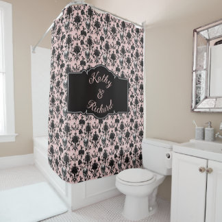 Pink and Black Goth Skulls and Roses Personalized Shower Curtain