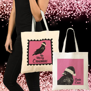 Pink and Black Gothic Crow Merry Crowmas Holiday Tote Bag
