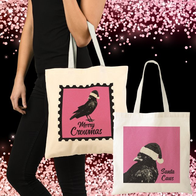 Pink and Black Gothic Crow Merry Crowmas Holiday Tote Bag (Cute pink & black Christmas tote with crow wearing a Santa hat. Merry Crowmas to all from Santa Caws)