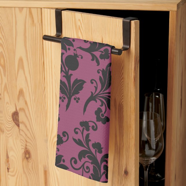 Pink and Black Gothic Flowers Pattern Halloween Tea Towel (Thirds Fold)