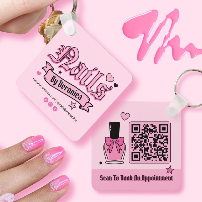 Pink and Black Gothic Lettering Qr Code Nail Tech  Key Ring (Pink and Black Gothic Lettering Qr Code Nail Tech Keychain)