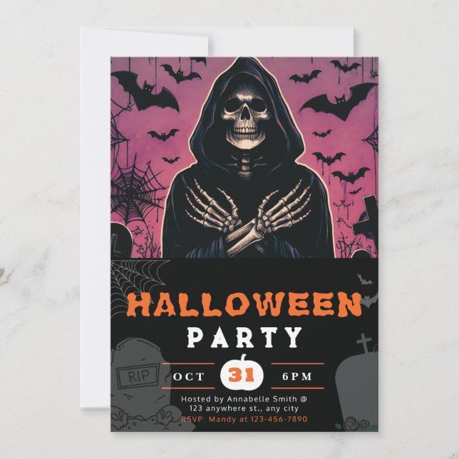 Pink and Black Grim Reaper Skeleton Halloween Invitation (Front)
