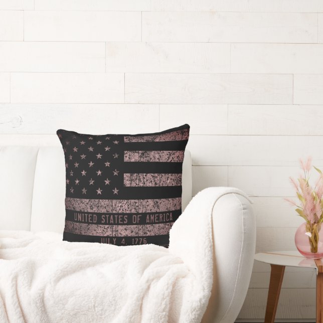 Pink and Black Grunge Vintage American Flag Cushion (Couch)