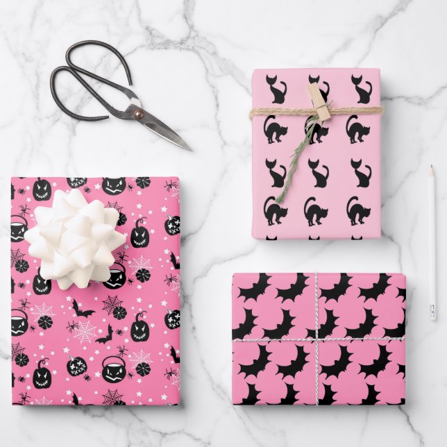 Pink and Black Halloween assorted Wrapping Paper Sheet (Front)