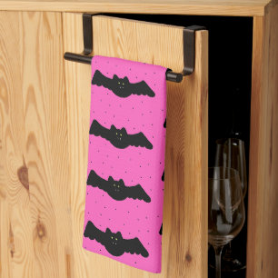Pink and Black Halloween Bats Tea Towel