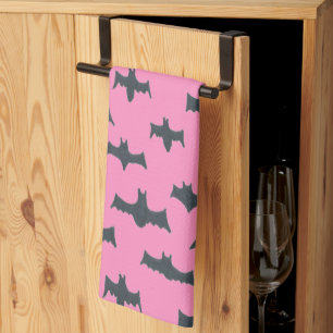 Pink and Black Halloween Bats Tea Towel