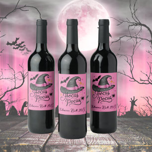 Pink and Black Halloween Witch Customisable Wine Label