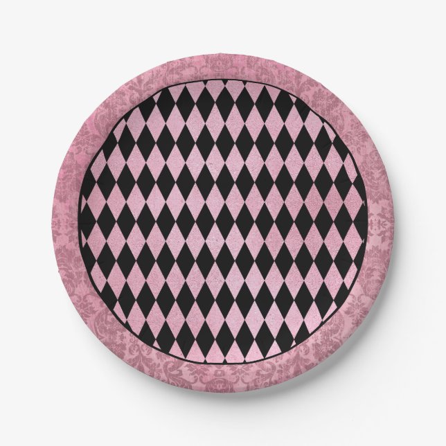 Pink and Black Harlequin and Damask Paper Plate (Front)