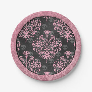 Pink and Black Harlequin and Damask Paper Plate