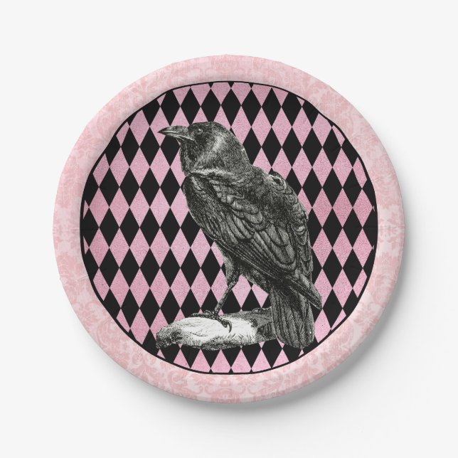 Pink and Black Harlequin and Raven Paper Plate (Front)