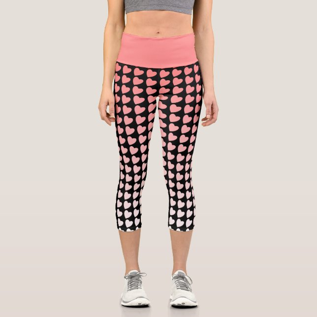 Pink and Black Heart Pattern Gradient Girly Capri Leggings (Front)