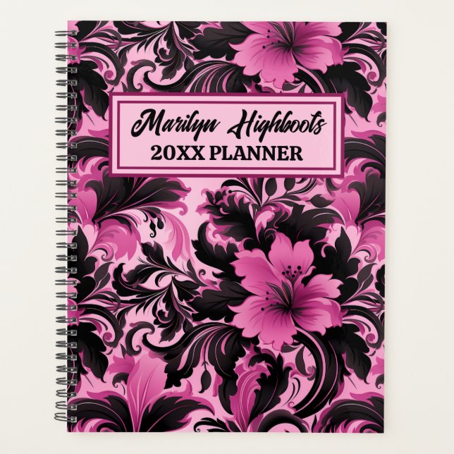 Pink and Black Hibiscus Floral Planner (Front)