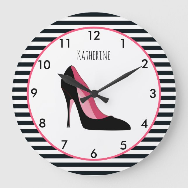Pink and Black High Heel Stiletto Shoe Large Clock (Front)