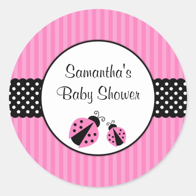 Pink and Black Ladybug Striped Dots Baby Shower Classic Round Sticker (Front)