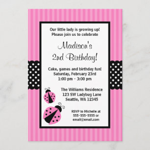 Pink and Black Ladybug Striped Dots Birthday Party Invitation