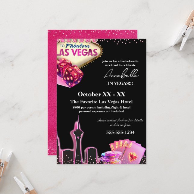 Pink and Black Las Vegas Skyline Invitation (Front/Back In Situ)