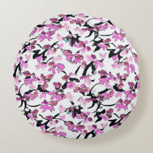 Pink and Black Leaf Pattern Round Cushion