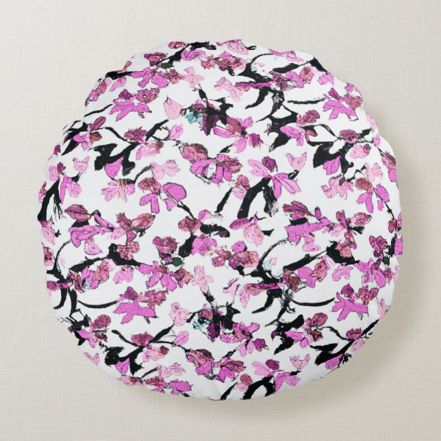 Pink and Black Leaf Pattern Round Cushion (Front)