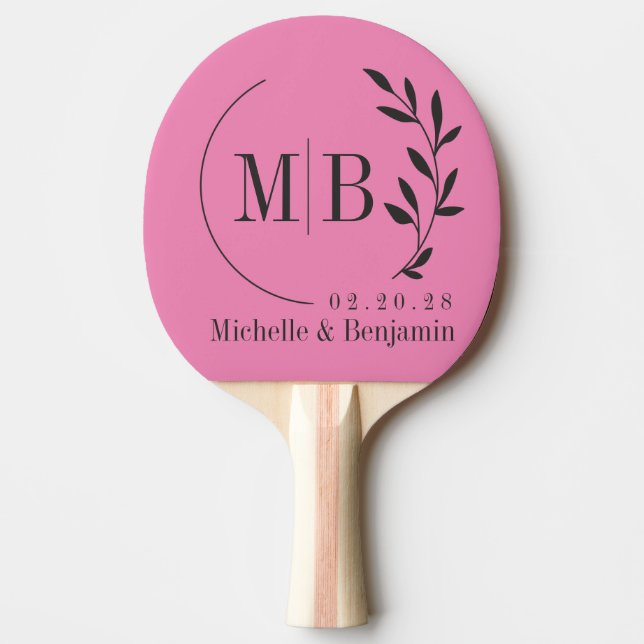 Pink and Black Leaf Wedding Monogram Ping Pong Paddle (Front)