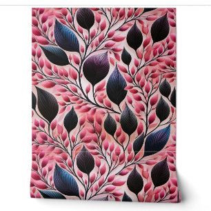 Pink and Black Leaves Botanical Pattern Wallpaper