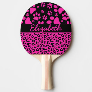 Pink and Black Leopard Print and Paws Personalised Ping Pong Paddle
