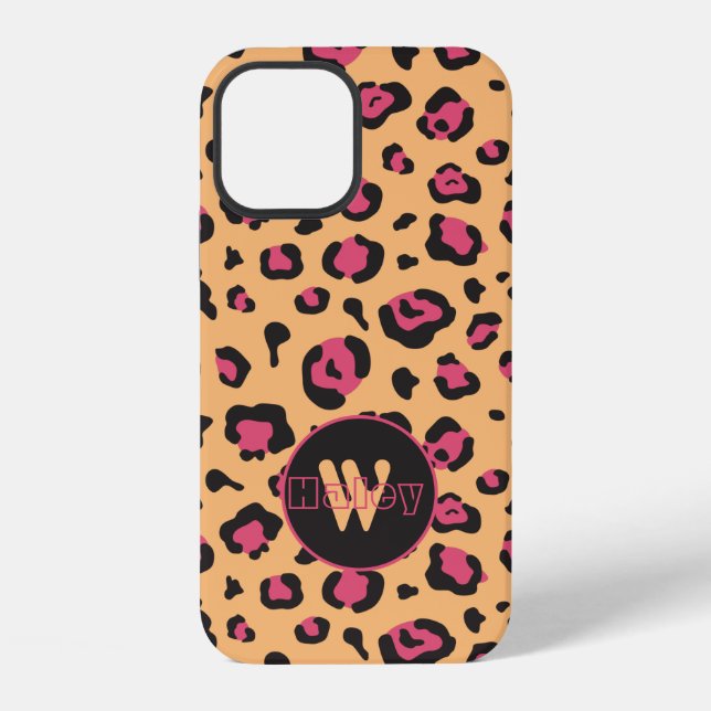Pink and Black Leopard Print Monogram iPhone Case (Back)