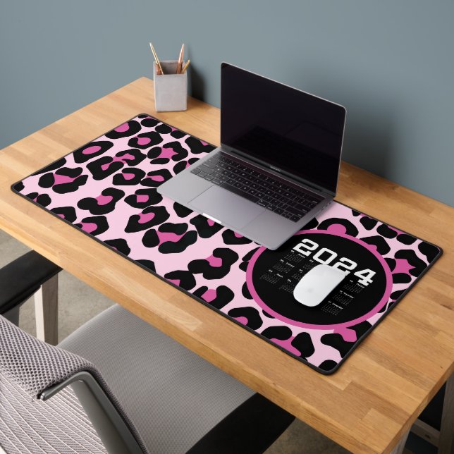Pink and Black Leopard Print Pattern  Desk Mat (Office 2)