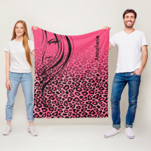 Pink and Black Leopard Print with Girl Silhouette Fleece Blanket