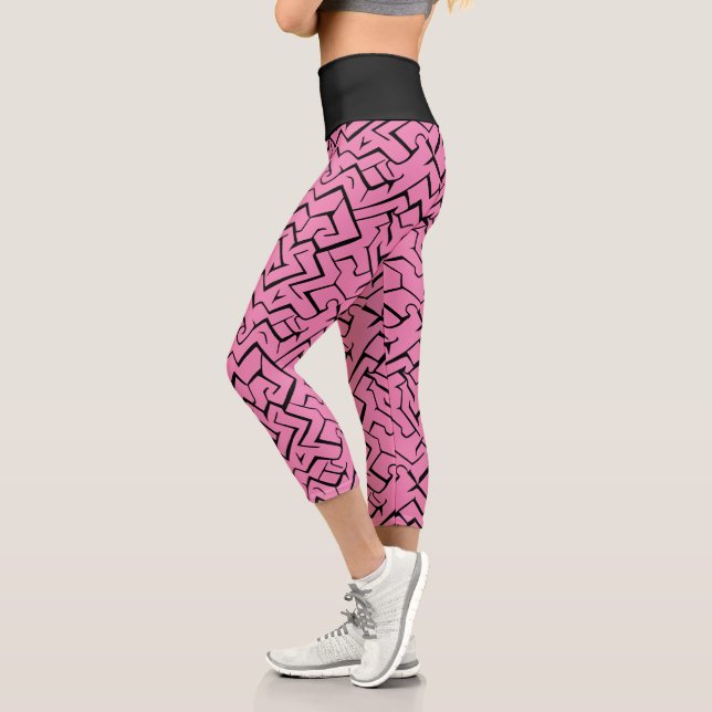 Pink and Black Meander Pattern | Modern Maze Capri Leggings (Left)