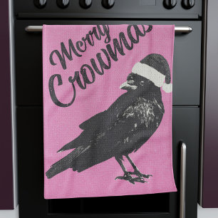Pink and Black Merry Crowmas Christmas  Tea Towel