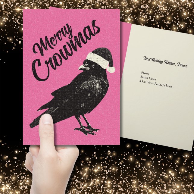 Pink and Black Merry Crowmas Folded Christmas Card (Gothic Christmas vibes make your holiday greeting card stand out with this black and pink crow card.)