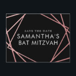 Pink and Black Modern Bat Mitzvah Save the Date Announcement Postcard<br><div class="desc">Modern, trendy, and elegant rose gold pink and black Bat Mitzvah save the date postcards with a unique geometric squares border. Easily personalise this affordable save the date for your Bat Mitzvah with custom name, date, and details of your fun and sophisticated celebration. All of the text is editable, so...</div>