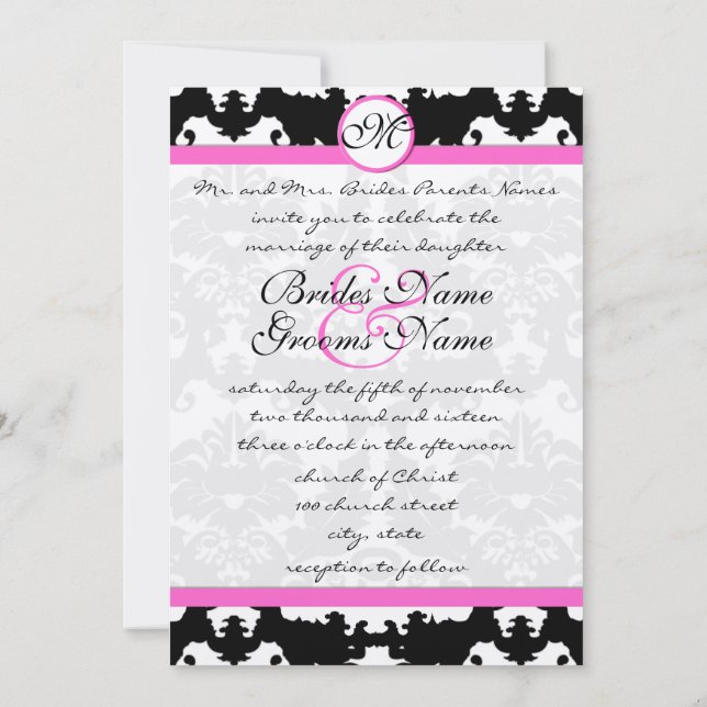 Pink and Black Monogram Victorian Damask Wedding Invitation (Back)