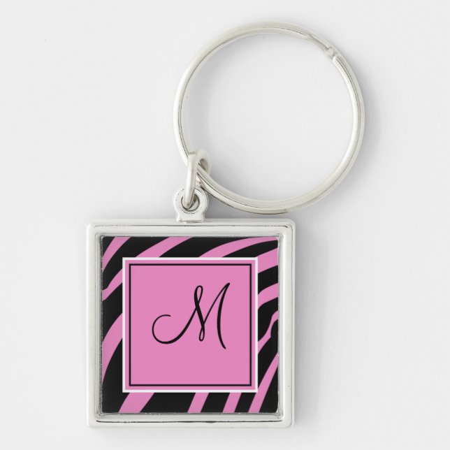 Pink and Black Monogram Zebra Print Keychain (Front)