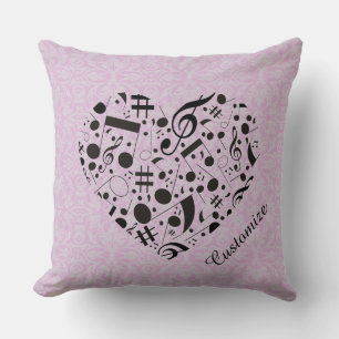 Pink and Black Music Notes Heart Throw Pillow