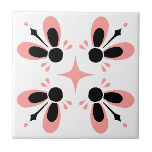 Pink and Black on White Intricate Floral pattern Ceramic Tile