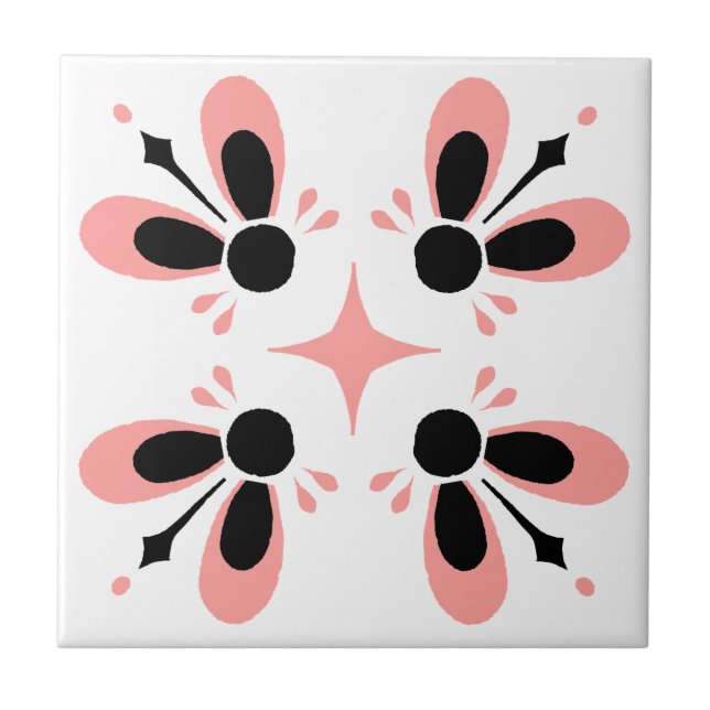 Pink and Black on White Intricate Floral pattern Ceramic Tile (Front)