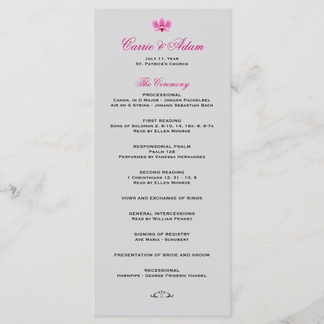 Pink and Black Orchid Wedding Program (Front)