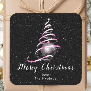 Pink and Black Ornament Merry Christmas Square Sticker