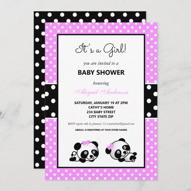 Pink and Black Panda Bear Baby Shower Invitation (Front/Back)