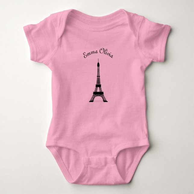 Pink and Black Paris French Theme Eiffel Tower Baby Bodysuit (Front)